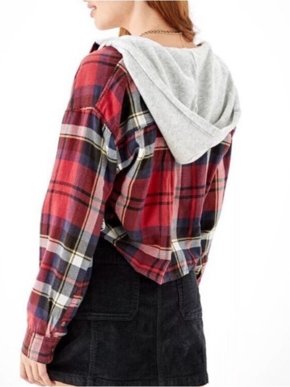 American Eagle Red and Black Plaid cropped Hooded Button-Up size large